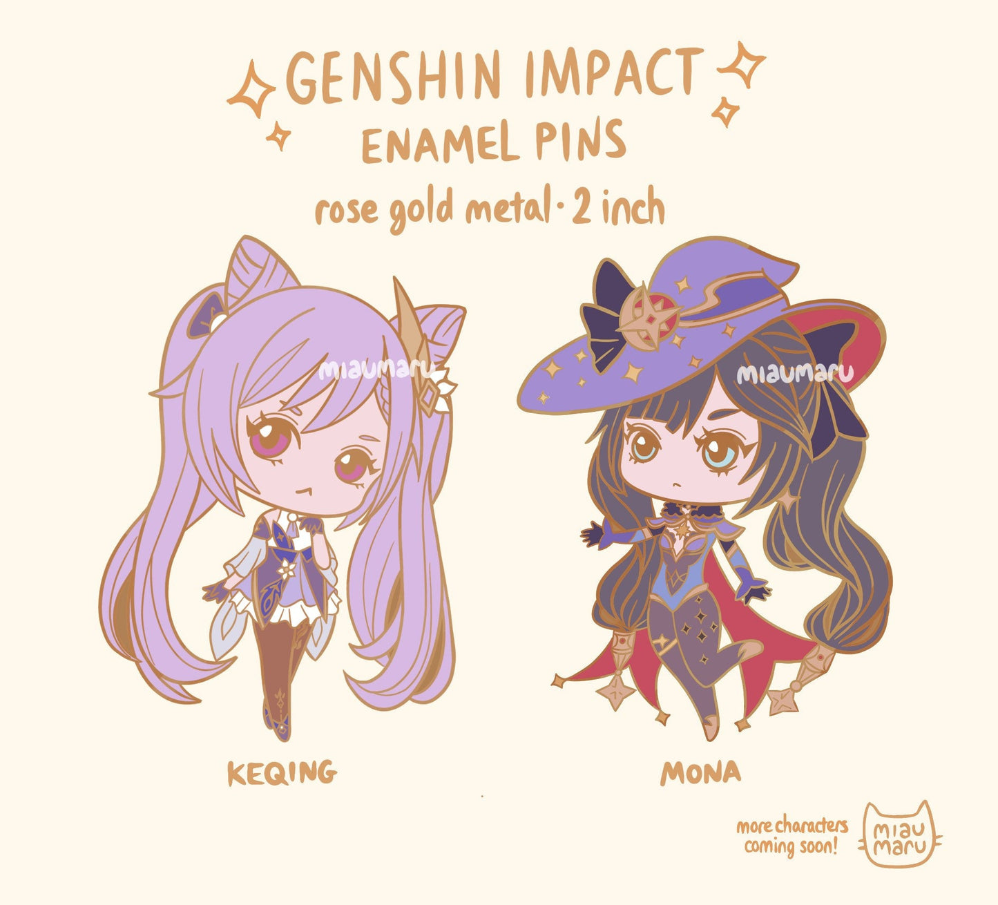 Genshin Impact Enamel Pin | 2 inch | Rose gold metal | Keqing, Mona