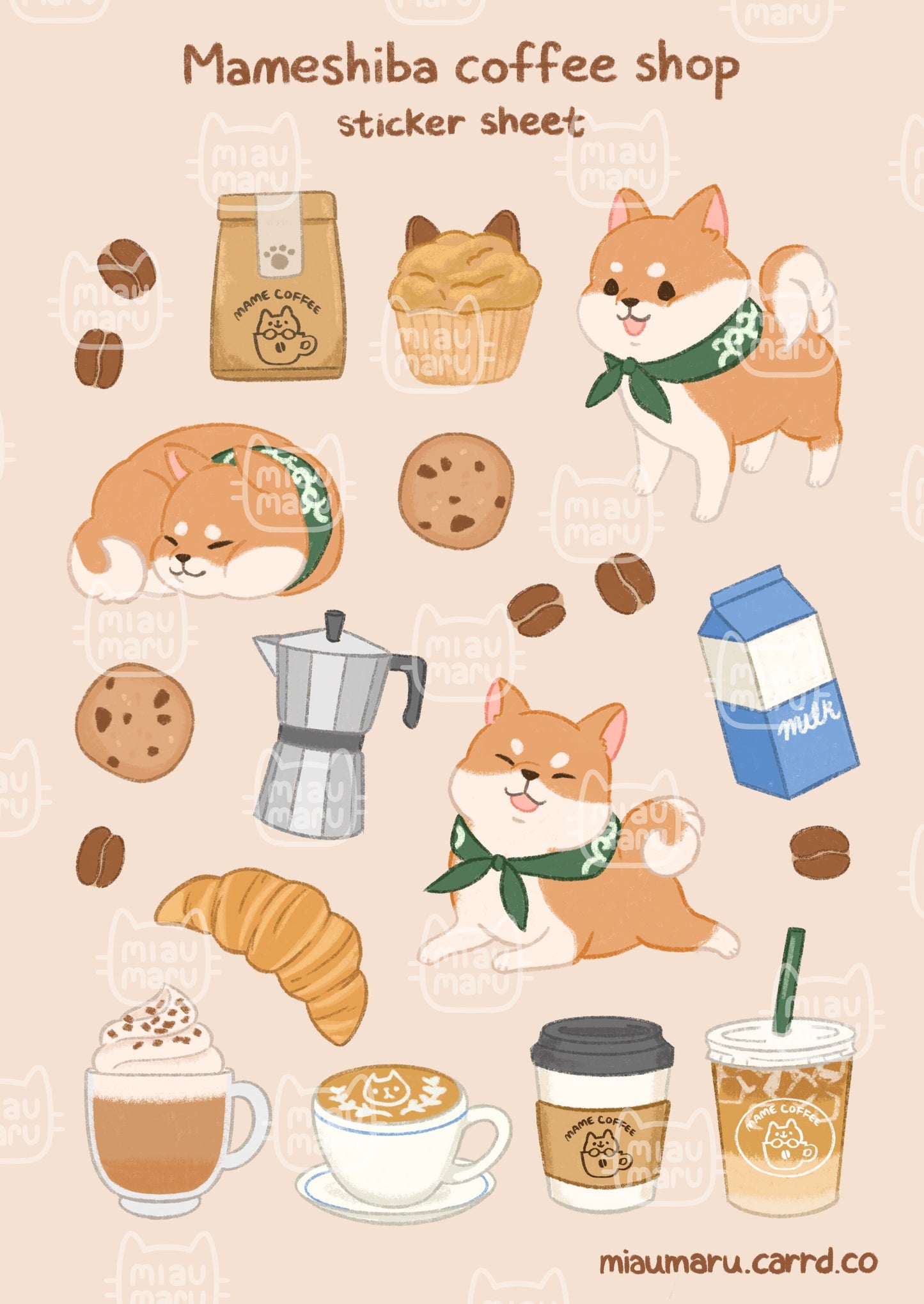 FFXIV Mameshiba Coffee Shop Sticker Sheet (shiba inu) | A6 | glossy