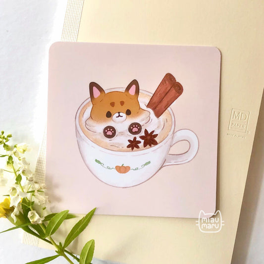 FFXIV Fox Kit Pumpkin Spice Latte Art Print | 4.75 x 4.75  Inch | glossy